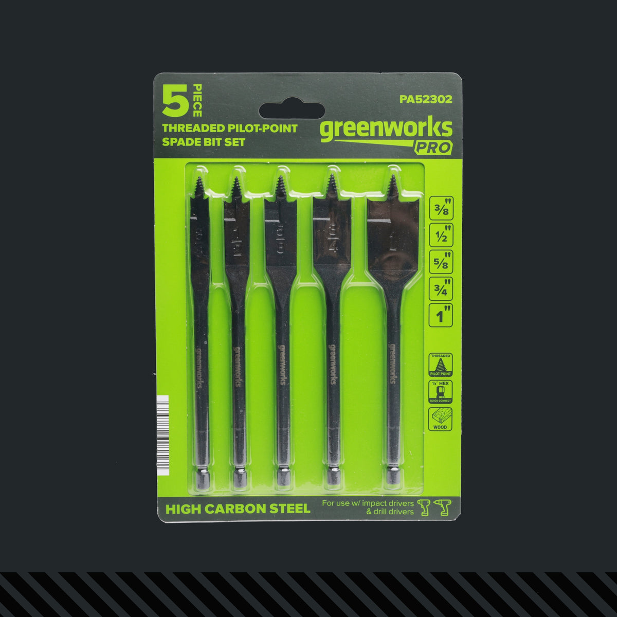 Pro 5-PC Spade Drill Bit Set w/ Full Threaded Pilot Point