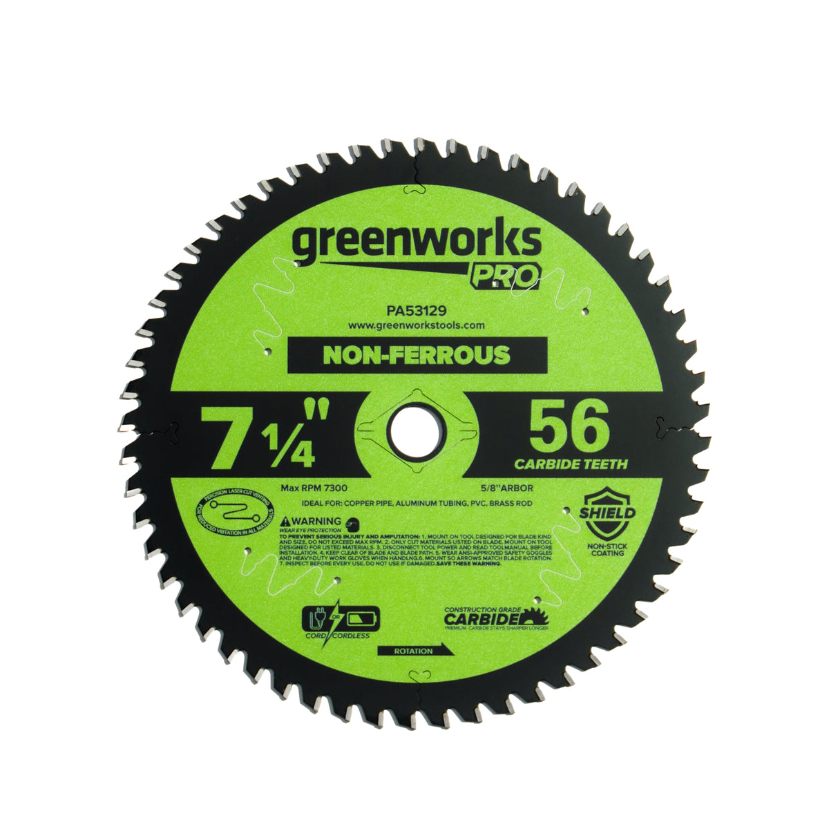 Pro 56-Tooth 7-1/4" Non-Ferrous Metal Cutting Circular Saw Blade with Construction-Grade Carbide Teeth