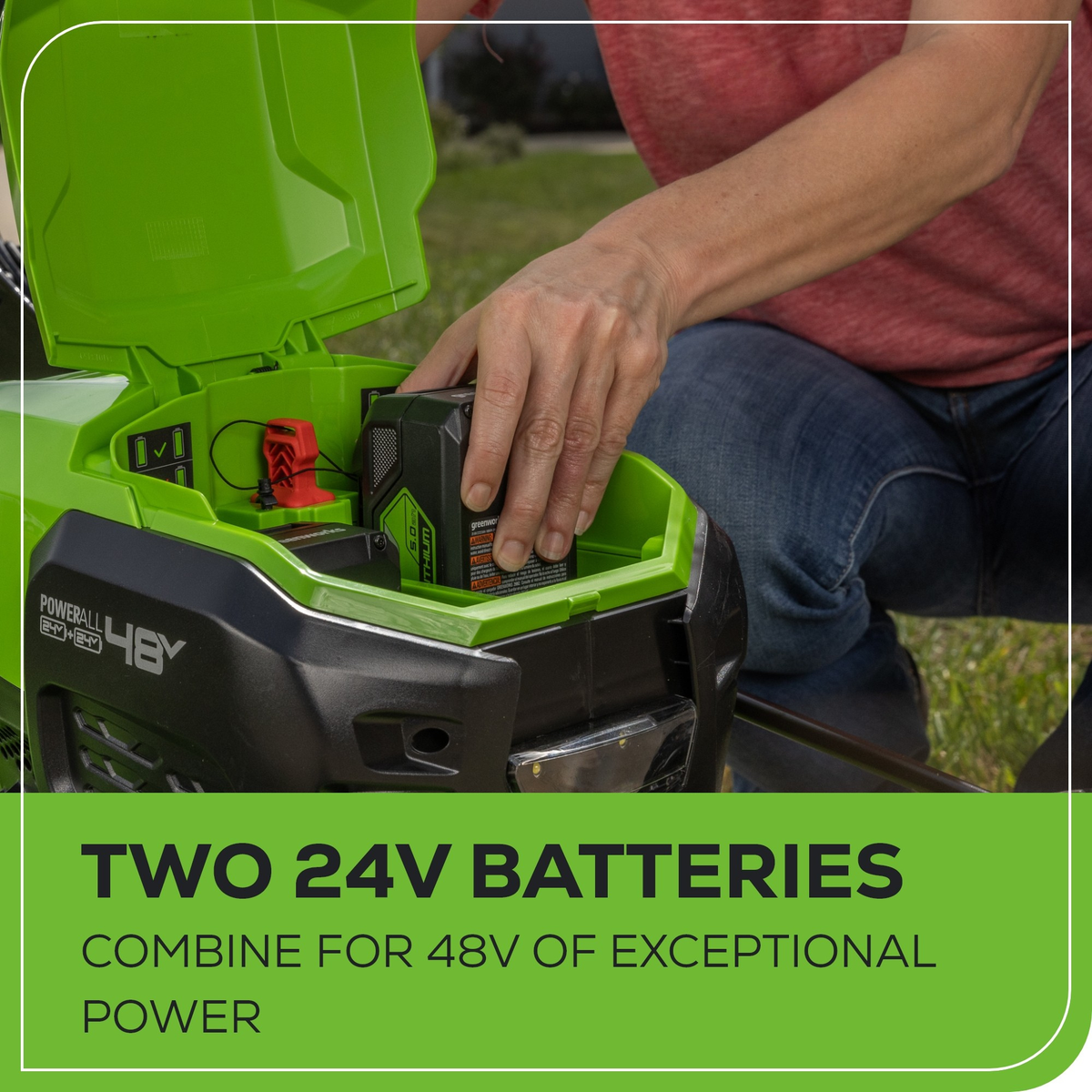48V (24V x 2) 21" Cordless Battery Self-Propelled Mower, 12" String Trimmer and 320 CFM Blower Combo Kit: (2) 5.0Ah Batteries and Chargers