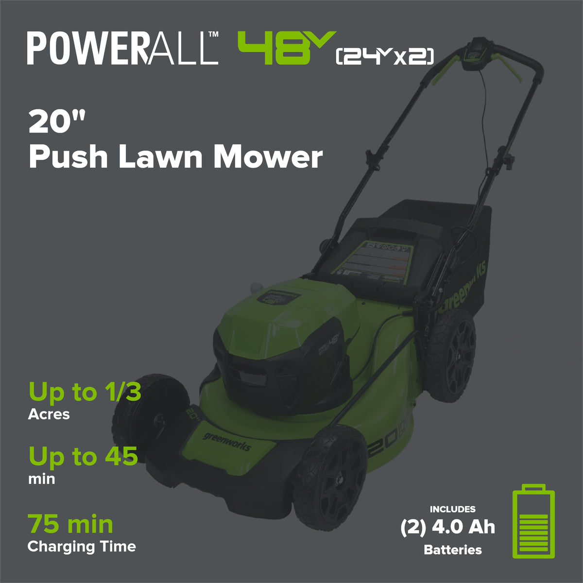 48V (24V x 2) 20" Cordless Battery Push Mower 4PC Combo Kit: (2) 4.0 Ah Batteries and Dual-Port Chargers