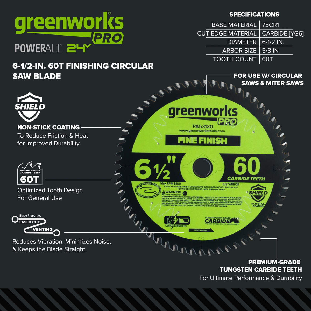Pro 60-Tooth 6-1/2" Demolition Circular Saw Blade with Construction-Grade Carbide Teeth
