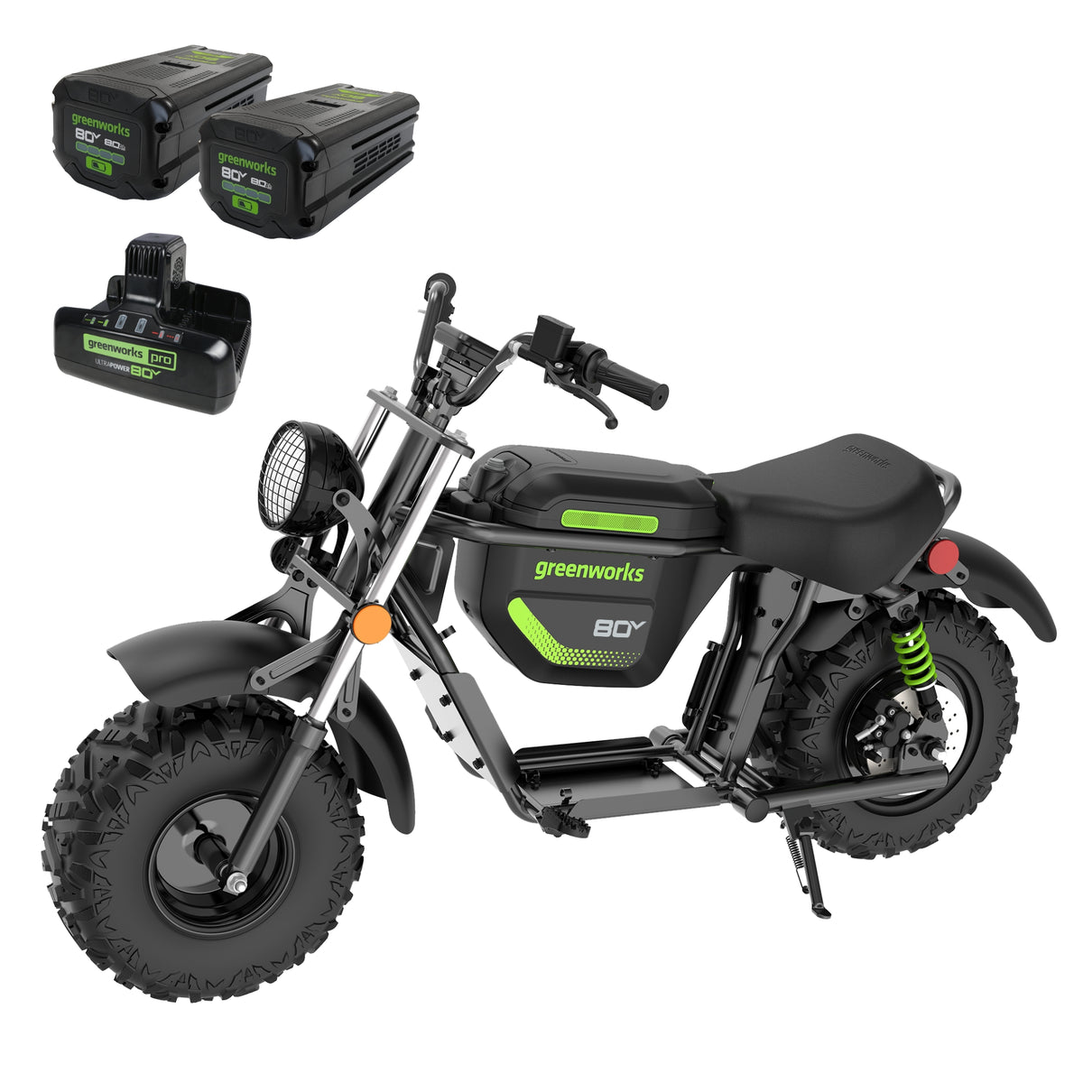 80V STEALTH Series Electric Mini-Bike: (2) 8.0 Ah Batteries and Dual-Port Rapid Charger