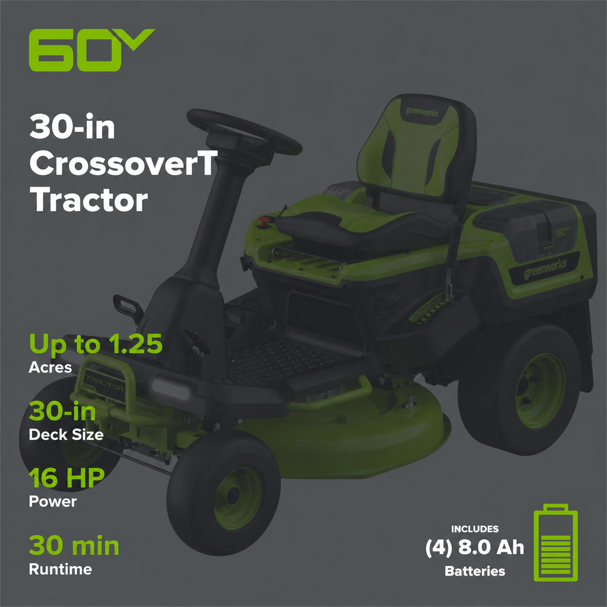 RENEWED 60V 30" CrossoverT Riding Lawn Tractor with (4) 8.0 Ah Batteries and 600-Watt Charger, CRT3062