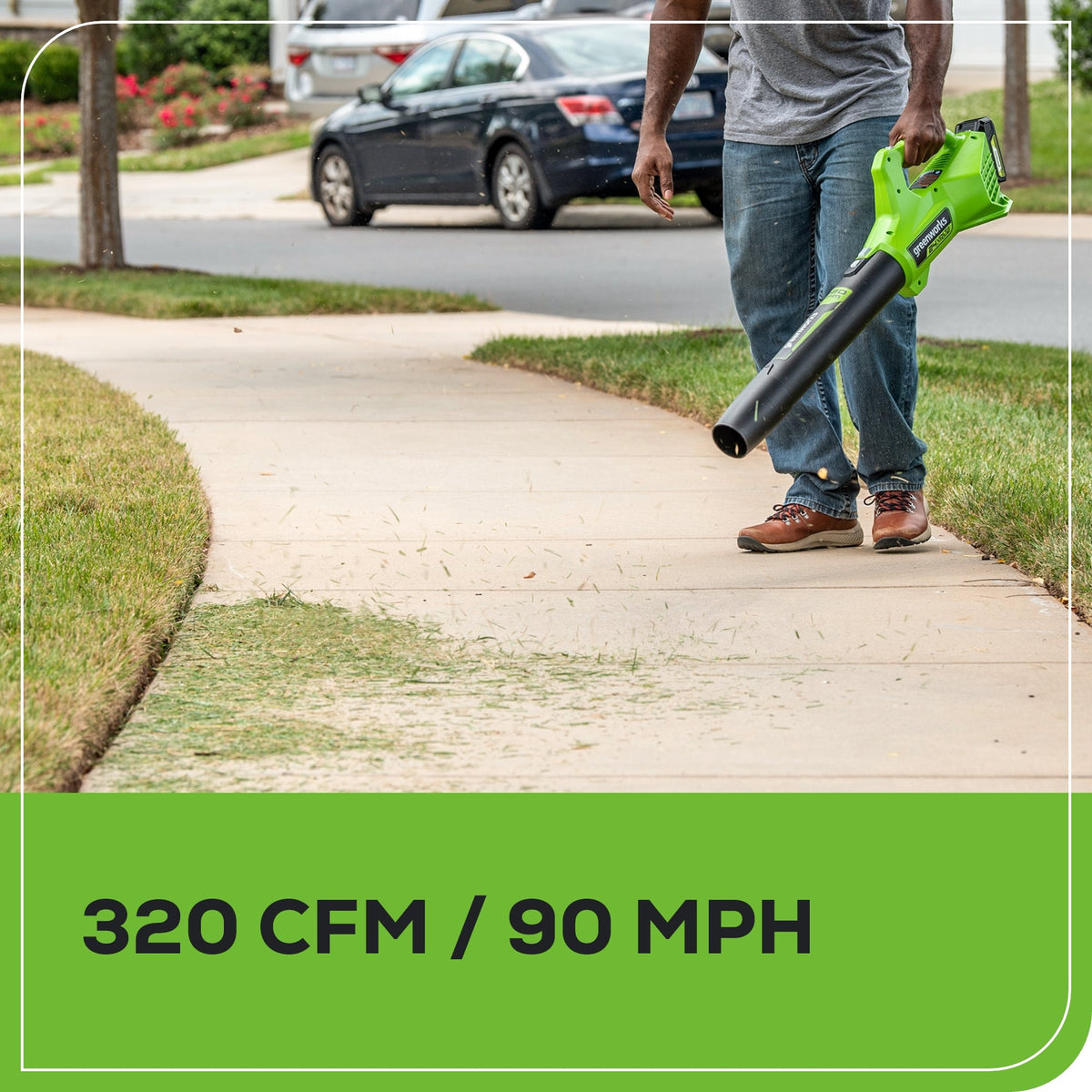 48V (24V x 2) 21" Cordless Battery Self-Propelled Mower, 12" String Trimmer and 320 CFM Blower Combo Kit: (2) 5.0Ah Batteries and Chargers