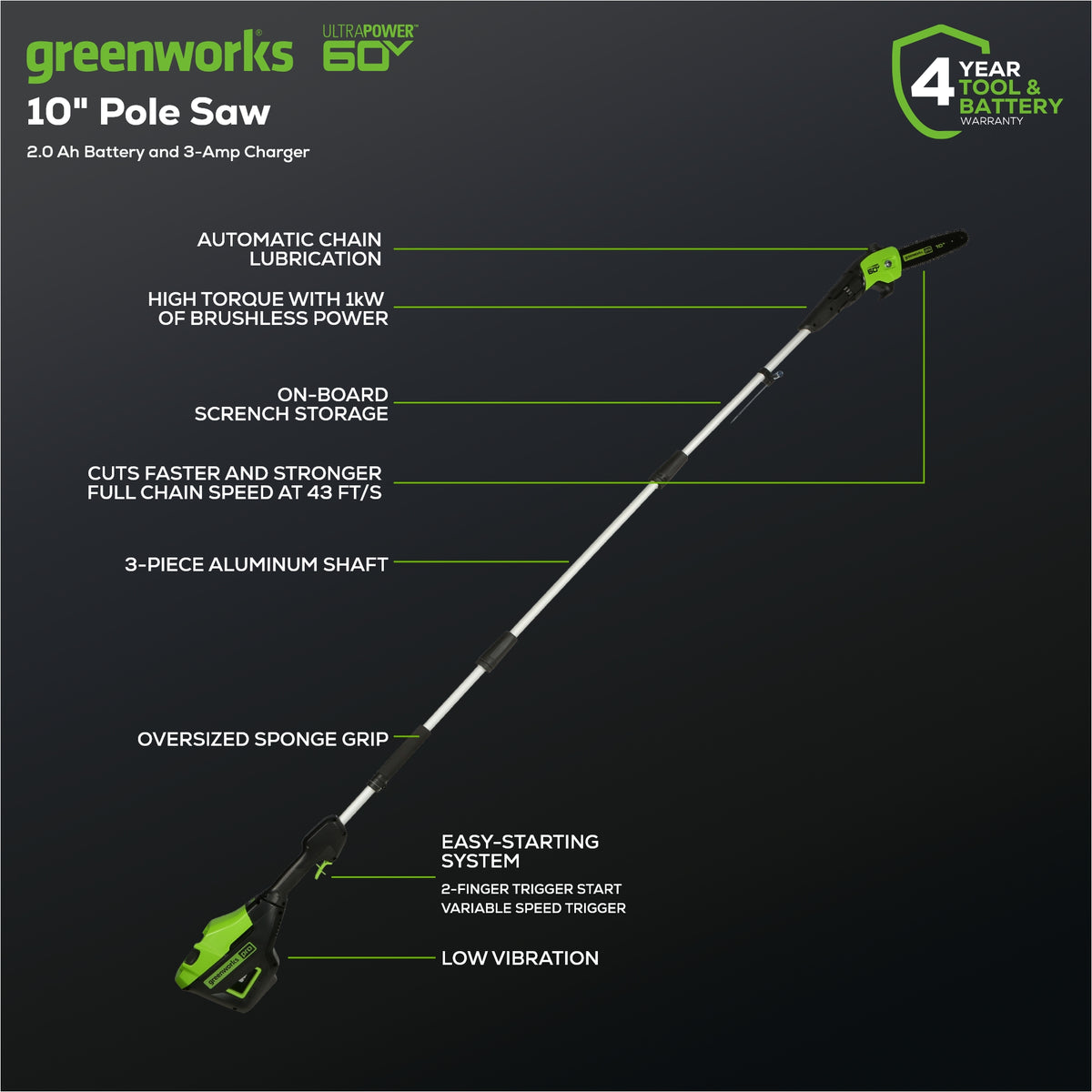 60V 10" Cordless Battery Pole Saw w/ 2.0 Ah Battery & Charger