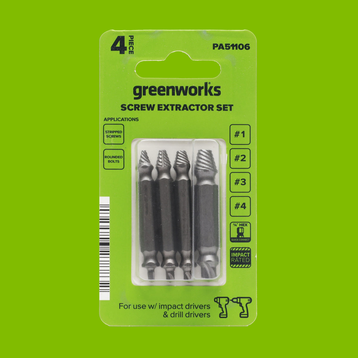 4-Piece Screw Extractor Set, #1-#4 Sizes, for Use with Impact and Drill Drivers