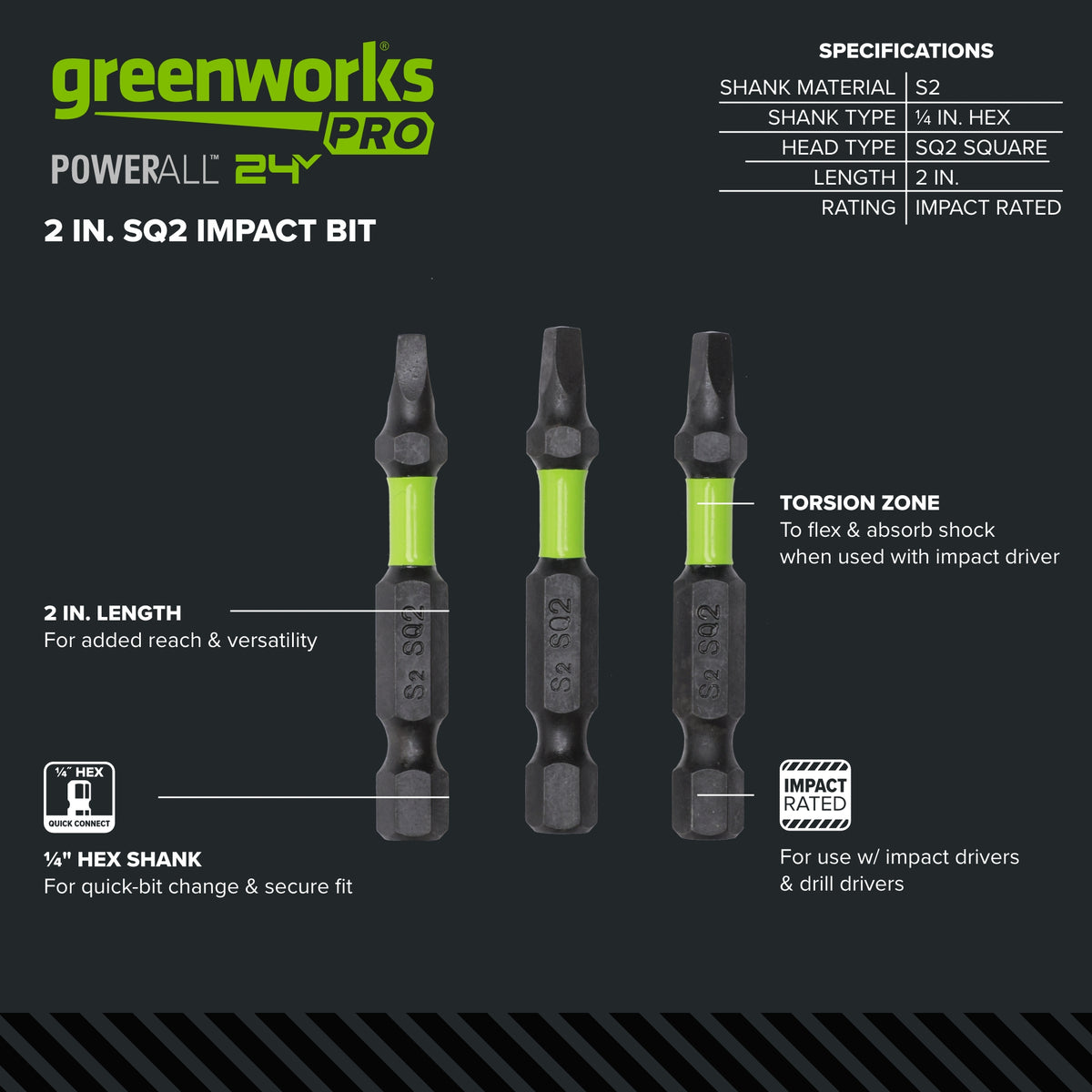 Pro 3-PC S2 2” Impact Rated Bits - Square (#2)