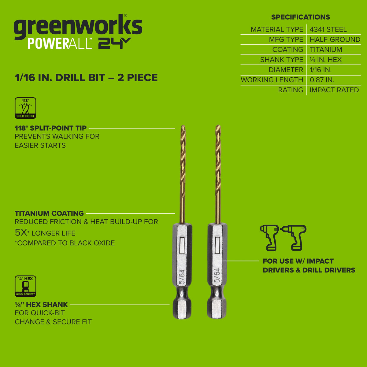 Half Ground 2-PC 1/16-inch Hex Shank Titanium Drill Bit Set