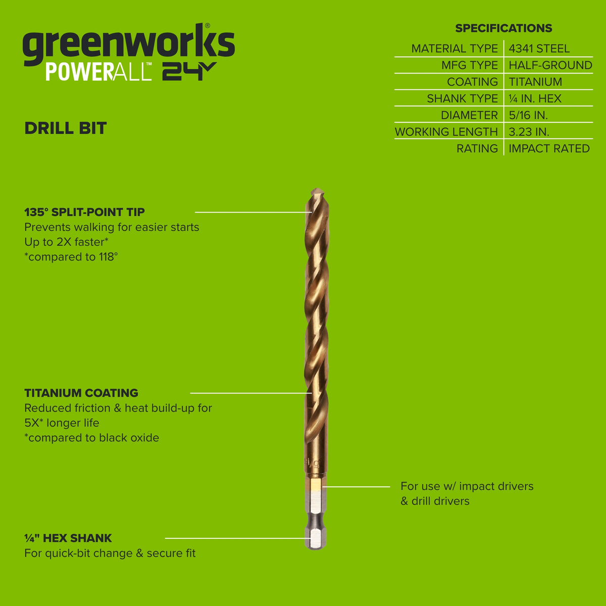 Half Ground 5/16-inch Hex Shank Titanium Drill Bit Set