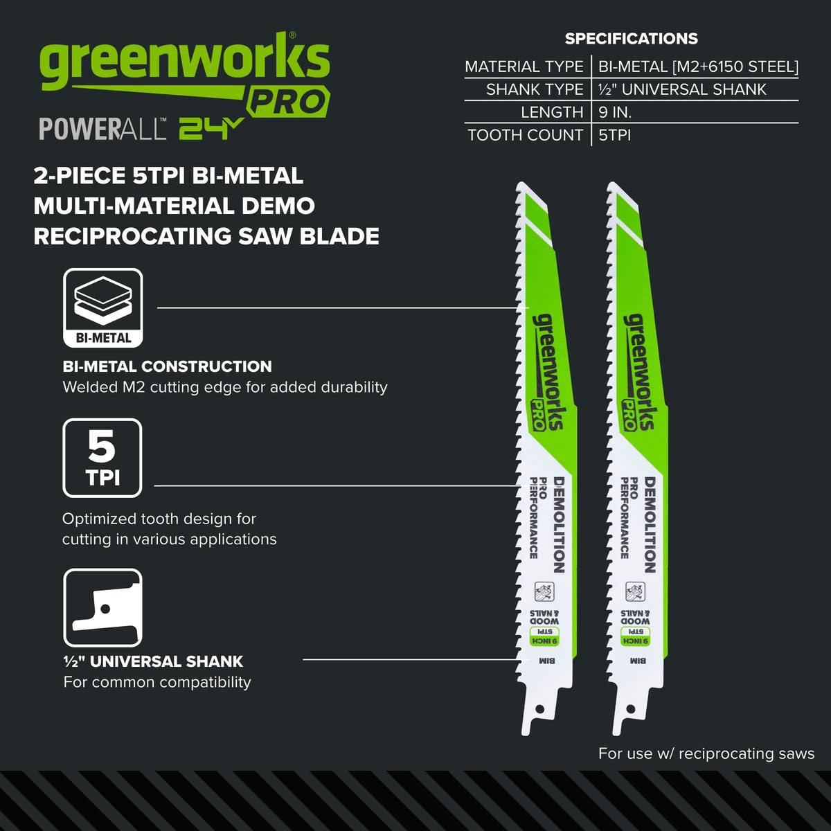 Pro 2-PC 9 in. 5TPI Recip Saw Bi-Metal Blades