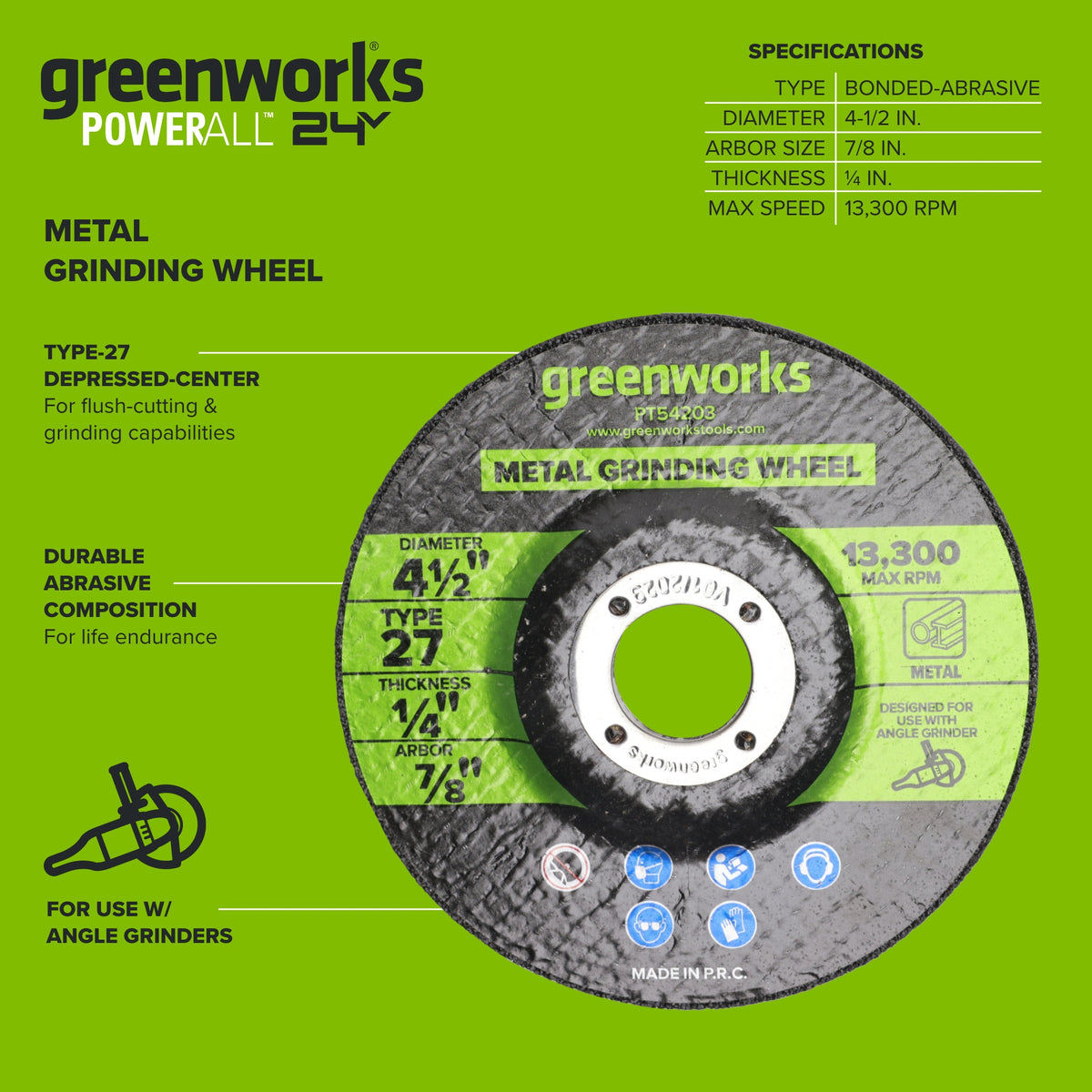 1-PC 4-1/2" Type 27 Metal Grinding Wheel 7/8" Arbor