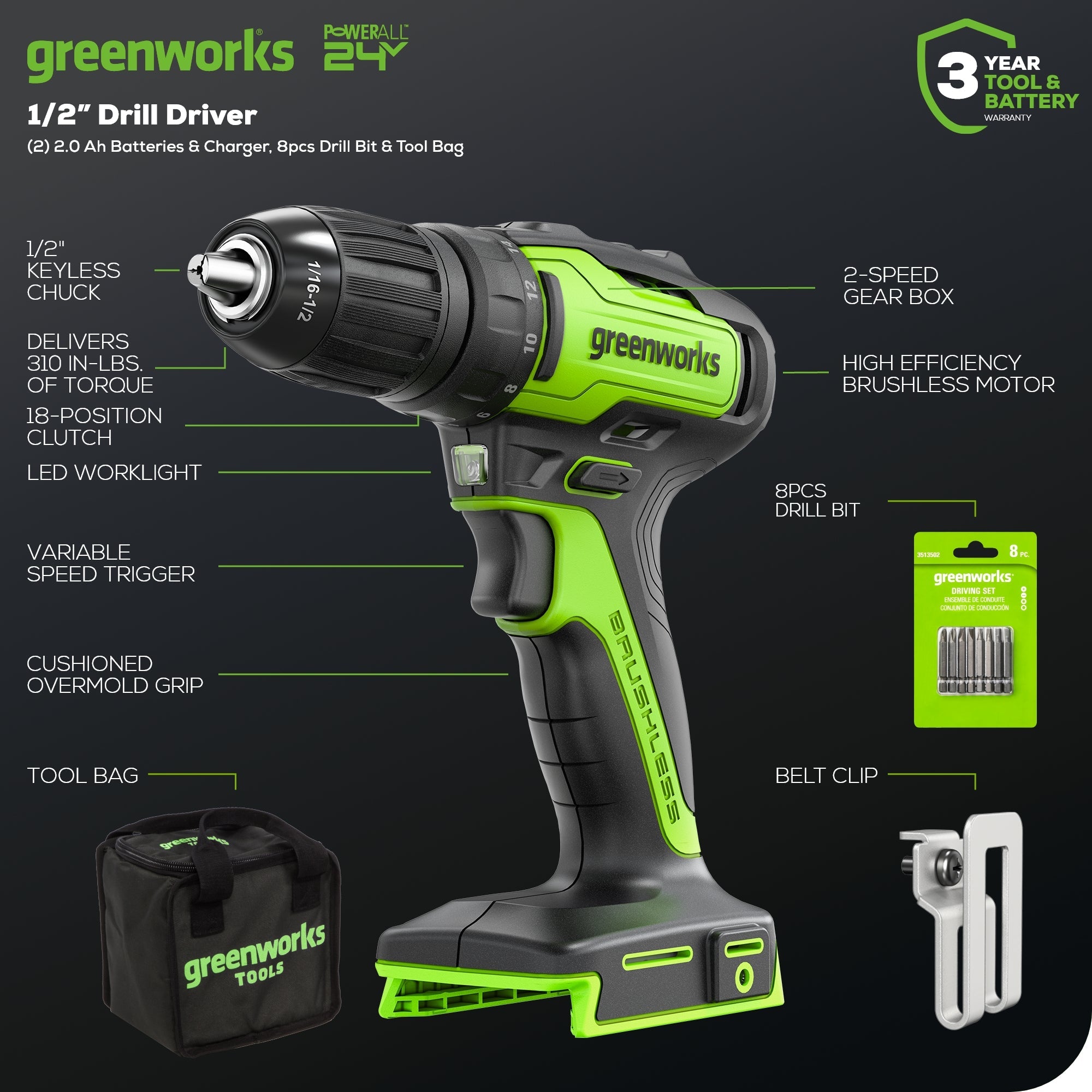 24V Brushless 1/2" 310 in/lbs Drill Kit: (2) 2Ah Batteries and Charger, 8-piece Bit Set and Tool Bag Included