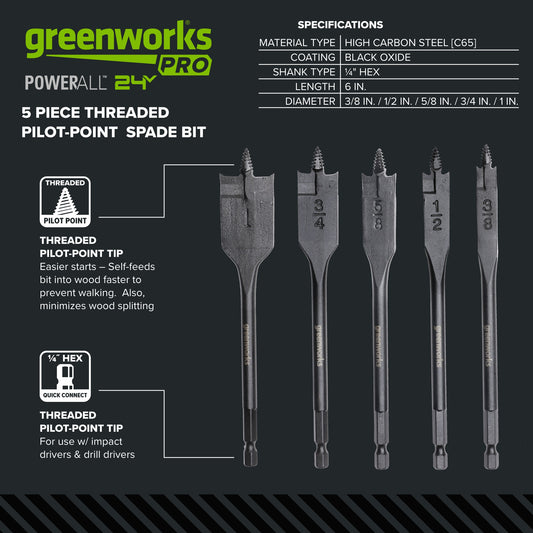 Pro 5-PC Spade Drill Bit Set w/ Full Threaded Pilot Point