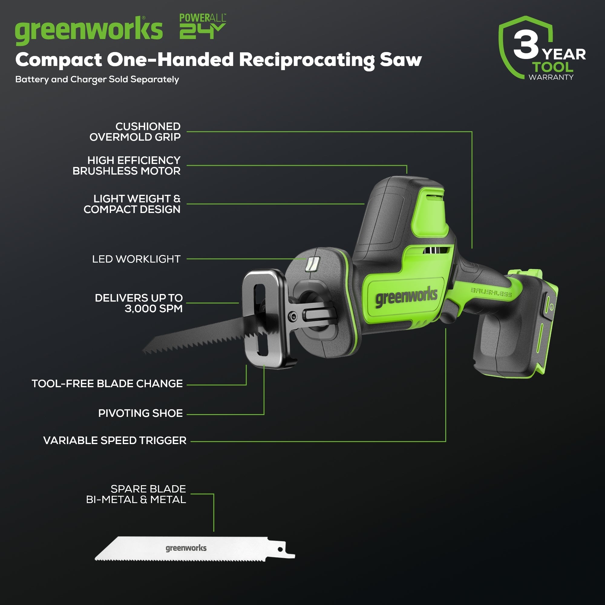 24V 1" One-Handed Compact Reciprocating Saw (Tool Only)