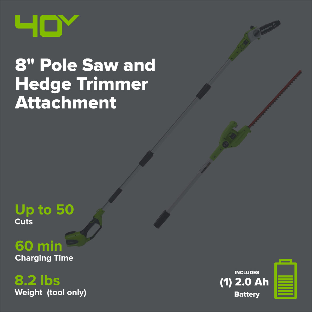 40V 8" Cordless Battery Pole Saw and Hedge Trimmer Attachment: 2.0 Ah Battery and Charger