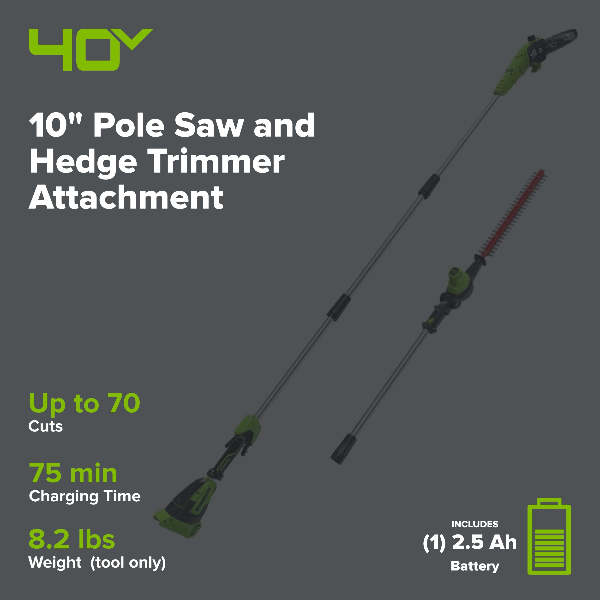 40V 10" Cordless Battery Pole Saw and Hedge Trimmer Attachment: 2.5 Ah Battery and Charger