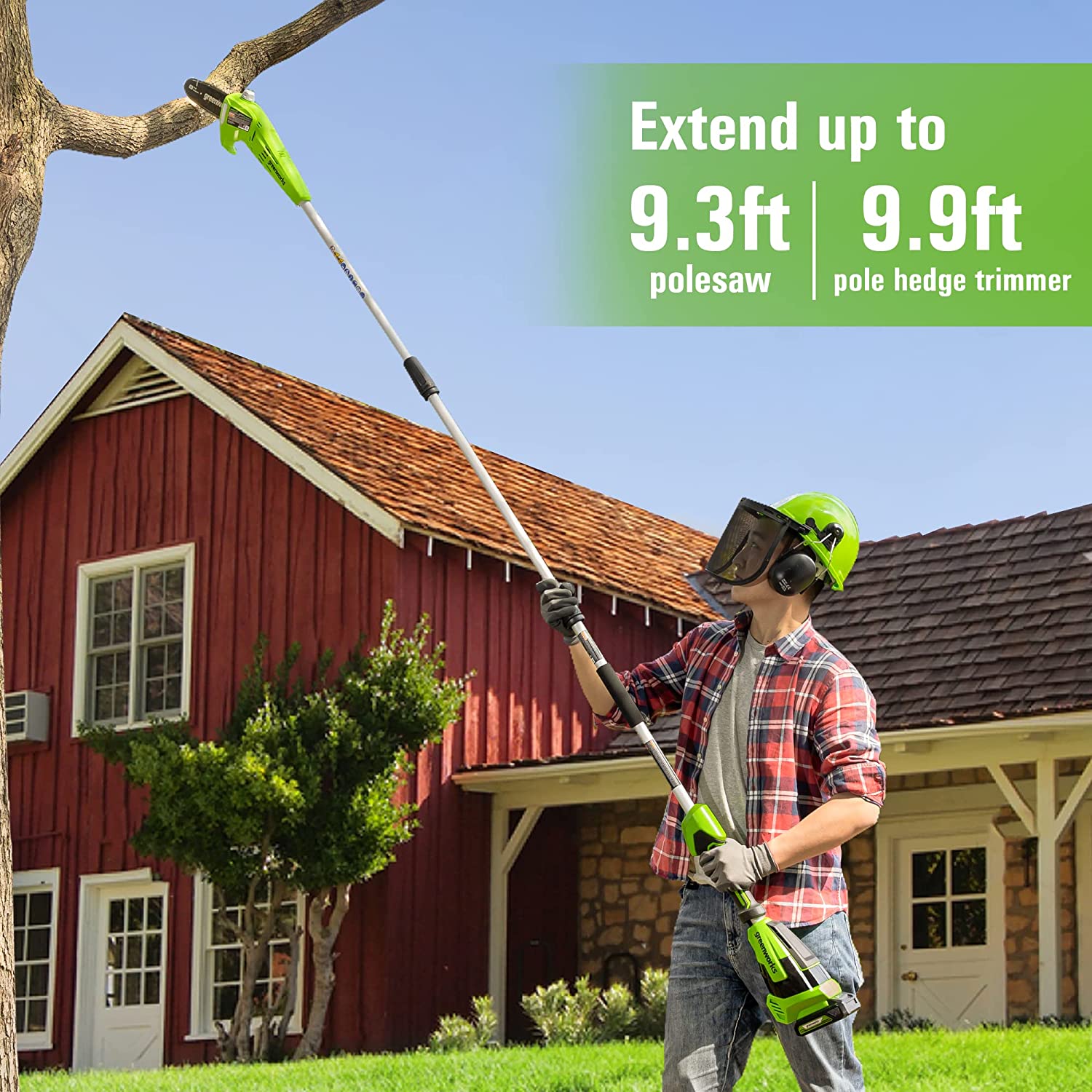 24V 8" Cordless Battery Polesaw and Pole Hedge Trimmer Combo Kit, 2Ah USB Battery and Charger