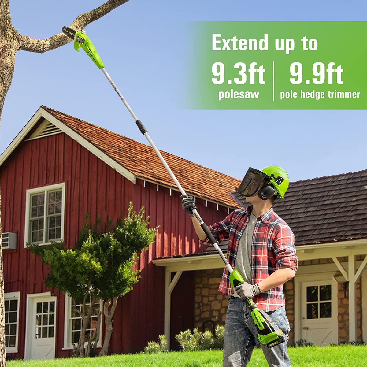 24V 8" Cordless Battery Polesaw and Pole Hedge Trimmer Combo Kit, 2Ah USB Battery and Charger