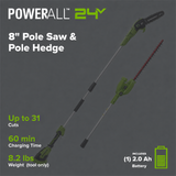 24V 8" Cordless Battery Polesaw and Pole Hedge Trimmer Combo Kit, 2Ah USB Battery and Charger