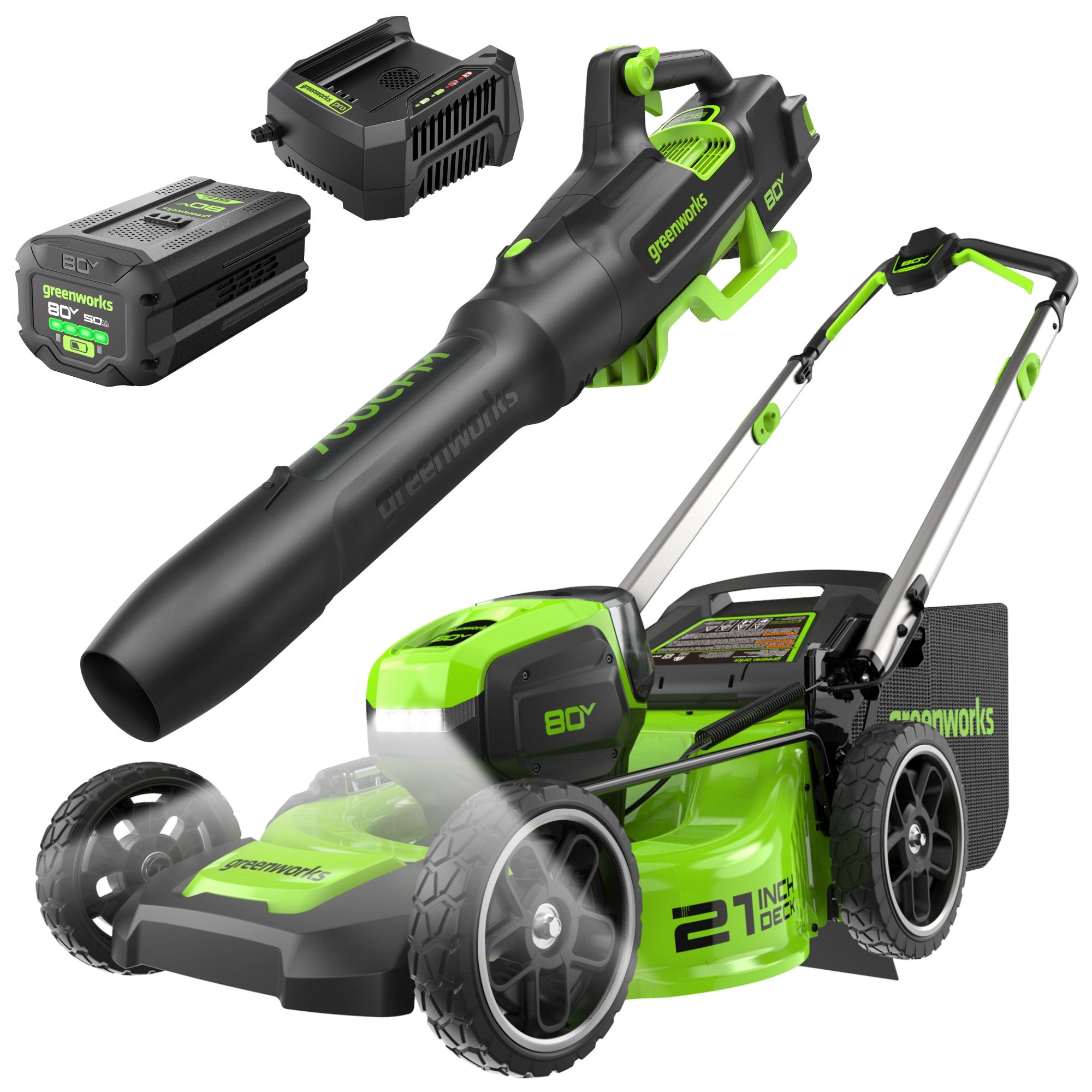 80V 21" Cordless Battery 4-in-1 Push Lawn Mower and 700CFM Blower Combo Kit: 5.0 Ah Battery and 6A Charger