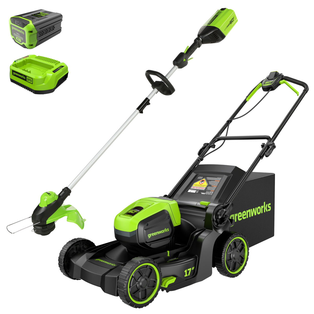 60V 17" Cordless Battery Push Lawn Mower and 13" String Trimmer Combo Kit: 4.0 Ah Battery and Charger