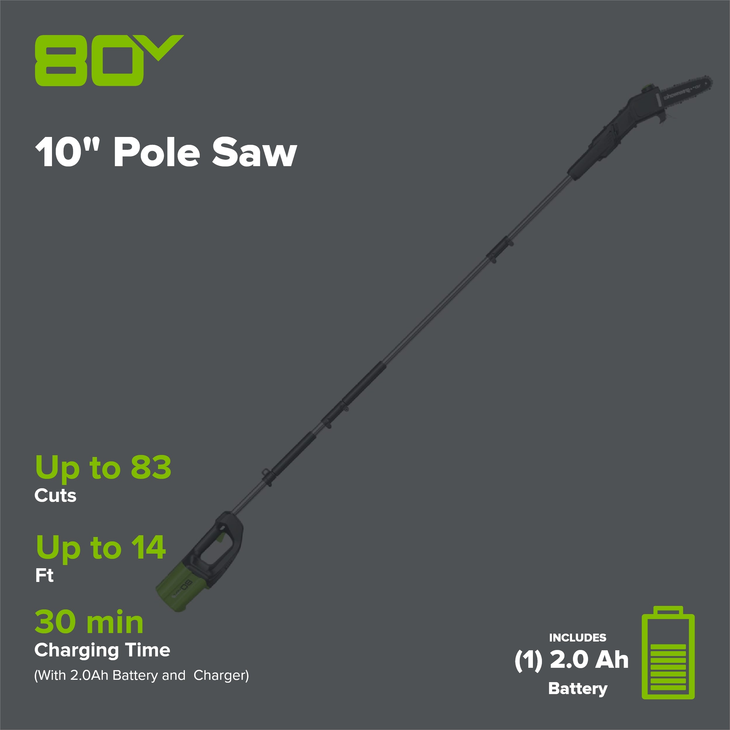 80V Cordless 10" Brushless Pole Saw: 2.0 Ah Battery and Rapid Charger
