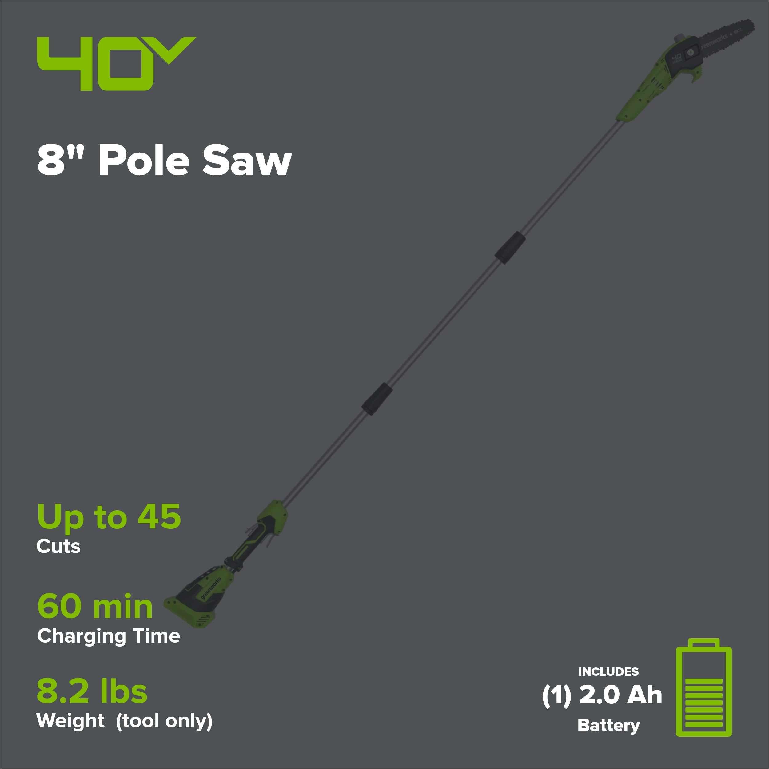 40V 8" Cordless Battery Pole Saw: 2.0 Ah Battery and Charger