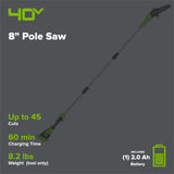 40V 8" Cordless Battery Pole Saw: 2.0 Ah Battery and Charger