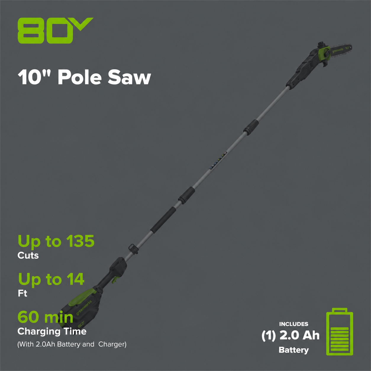 80V Pro 10" Cordless Battery Pole Saw: 2.0 Ah Battery and Charger