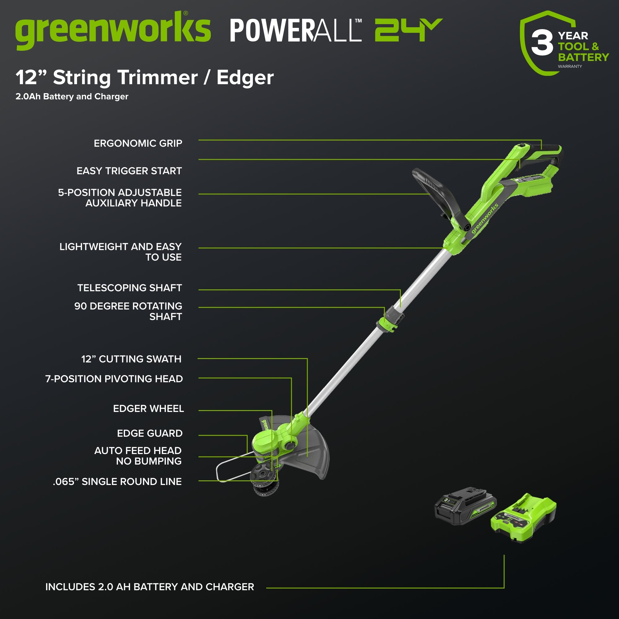 24V 12" Cordless Battery String Trimmer / Edger: (1) 2.0 Ah USB Battery, (1) 2A Charger