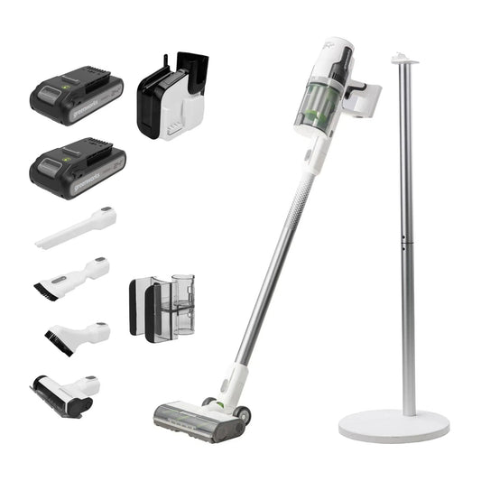 24V Cordless Battery White Stick Vacuum 3-in-1 Bundle: (2) 4.0 Ah USB Batteries and Charging Stand