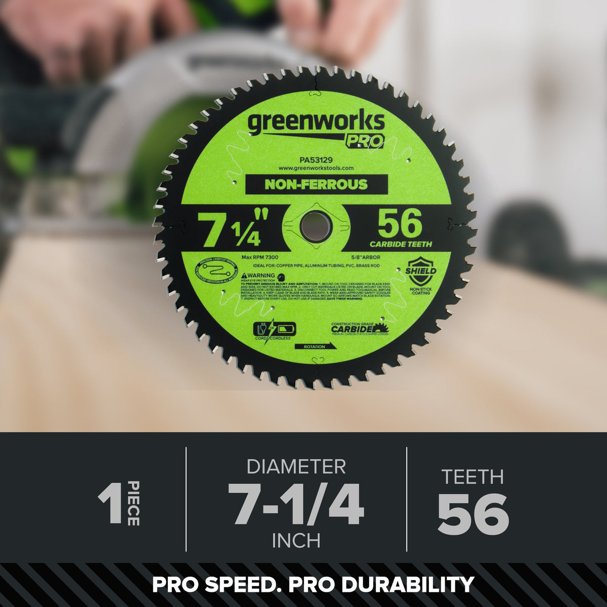 Pro 56-Tooth 7-1/4" Non-Ferrous Metal Cutting Circular Saw Blade with Construction-Grade Carbide Teeth