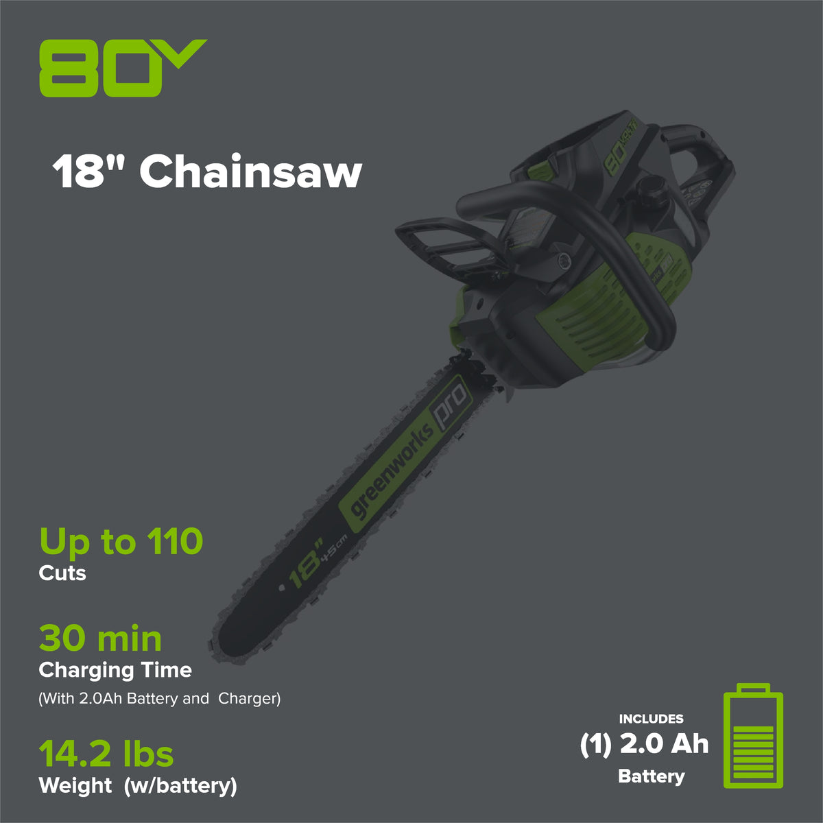 80V 18" Cordless Battery Chainsaw: 2.0 Ah Battery and Charger