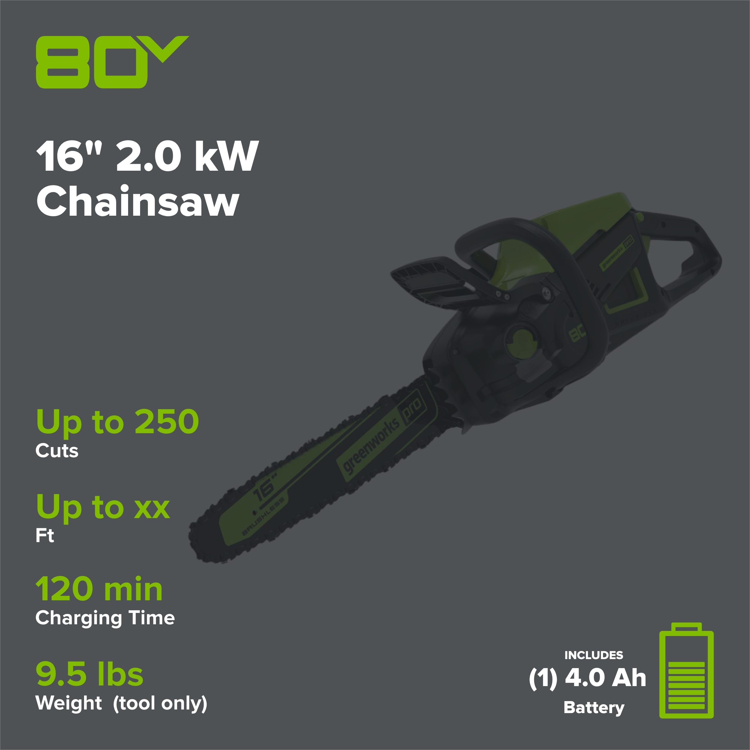 80V 16" 2.0kW Cordless Battery Chainsaw w/ 4.0 Ah Battery & Charger