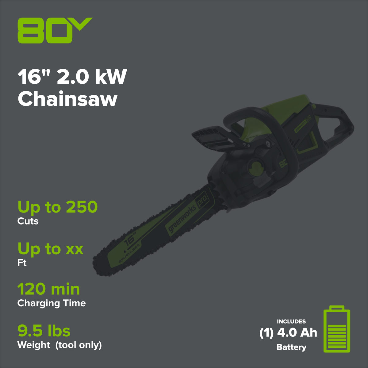 80V 16" 2.0kW Cordless Battery Chainsaw w/ 4.0 Ah Battery & Charger