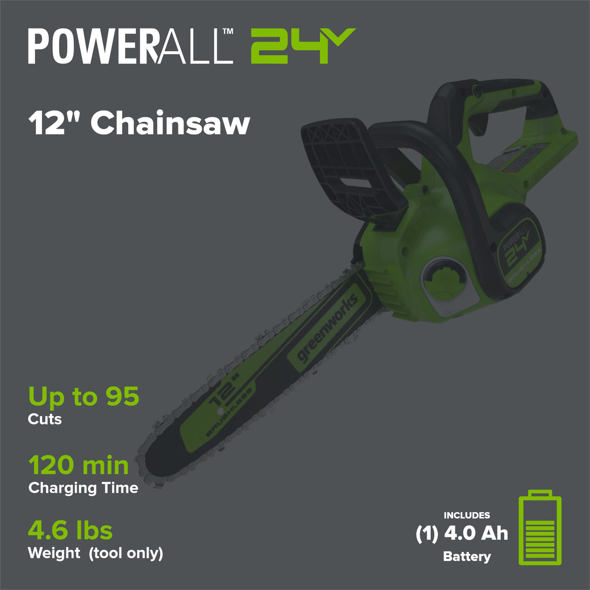 24V 12" Cordless Battery Chainsaw: 4.0 Ah USB Battery and Charger