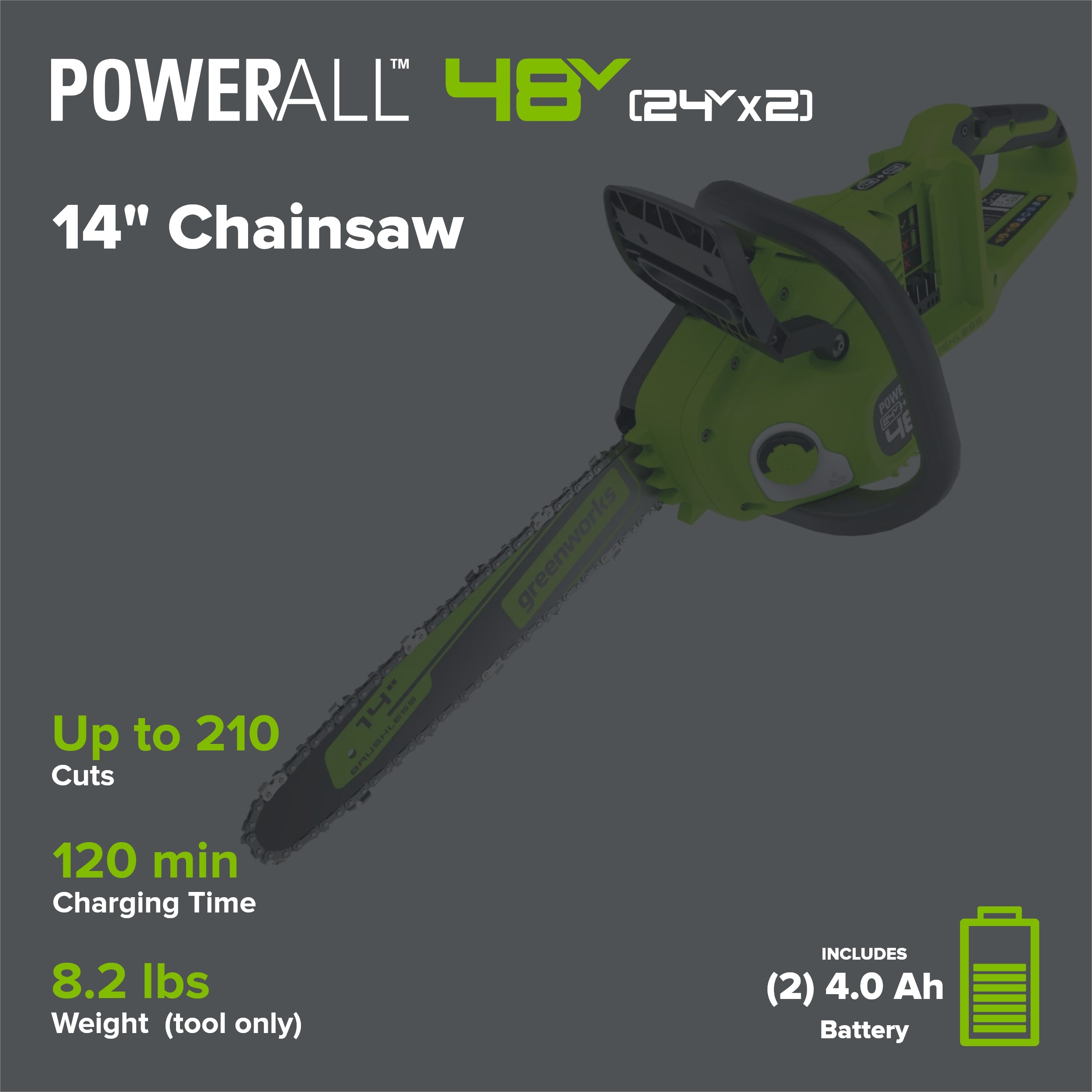 48V (24V x 2) 14" Cordless Battery Chainsaw: (2) 4.0 Ah USB Batteries and Dual-Port Charger