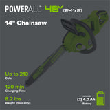 48V (24V x 2) 14" Cordless Battery Chainsaw: (2) 4.0 Ah USB Batteries and Dual-Port Charger