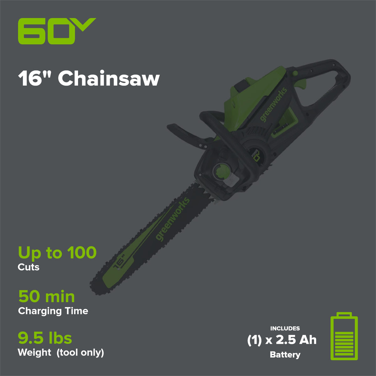 60V 16" Cordless Battery 2.0kW Chainsaw w/ 2.5Ah Battery & Charger