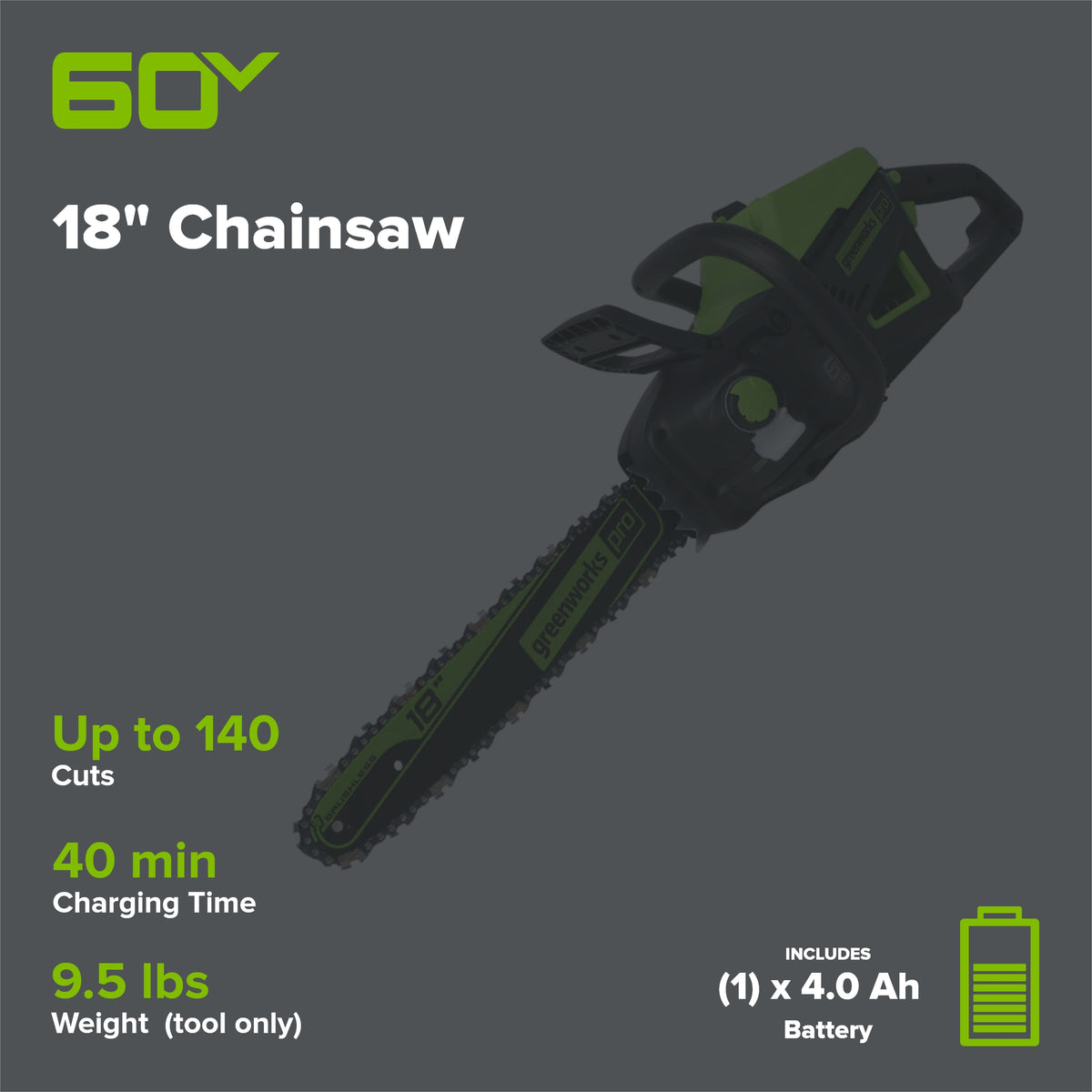 60V 18" Cordless Battery 2.0kW Chainsaw w/ 4.0 Ah Battery & Charger