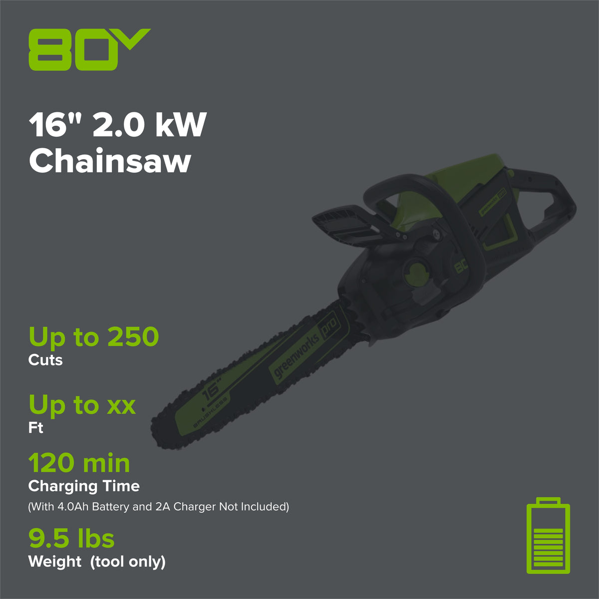80V 16" 2.0 kW Cordless Battery Chainsaw (Tool Only)