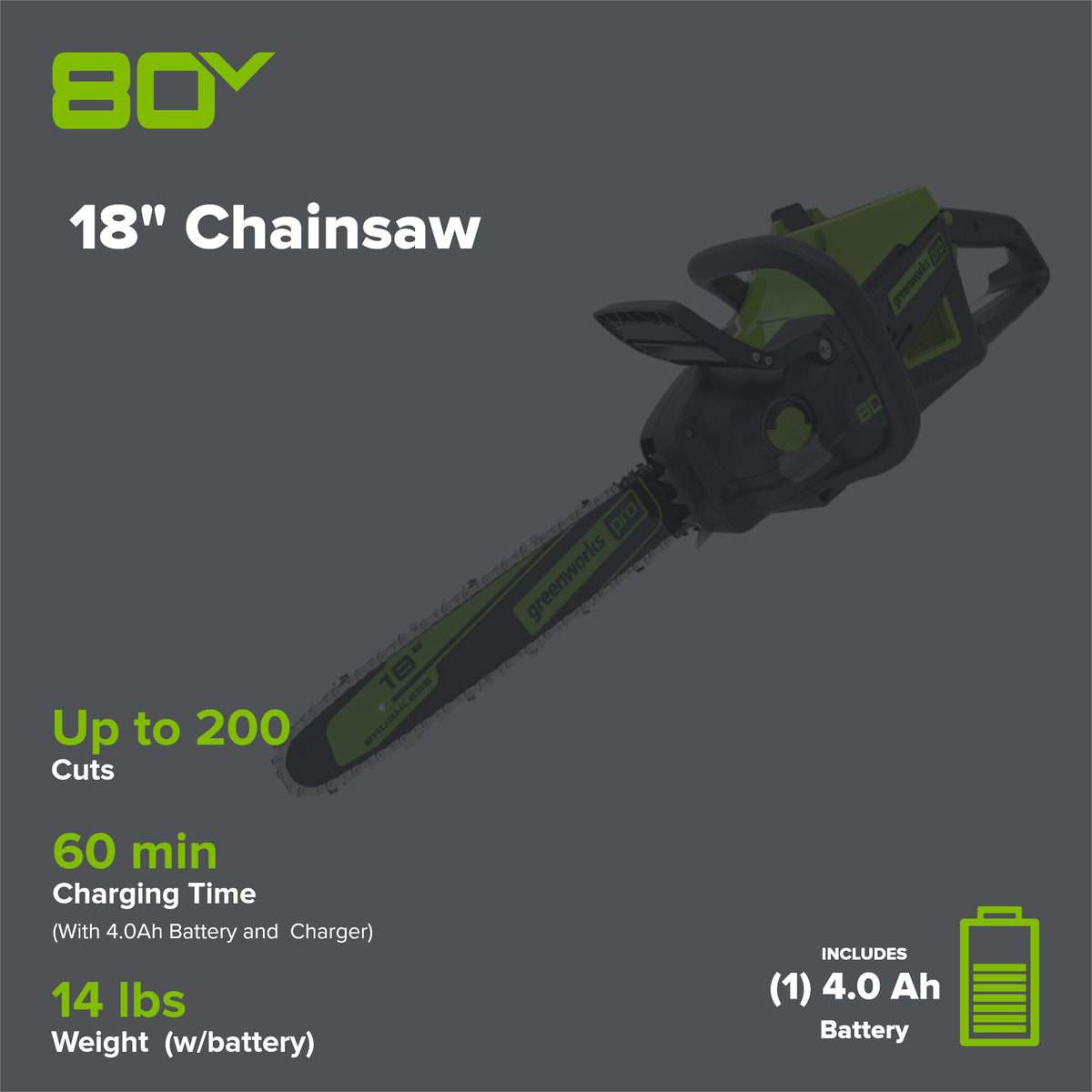 80V 18" Cordless Battery 2.5kW Chainsaw: 4.0Ah Battery & Rapid Charger