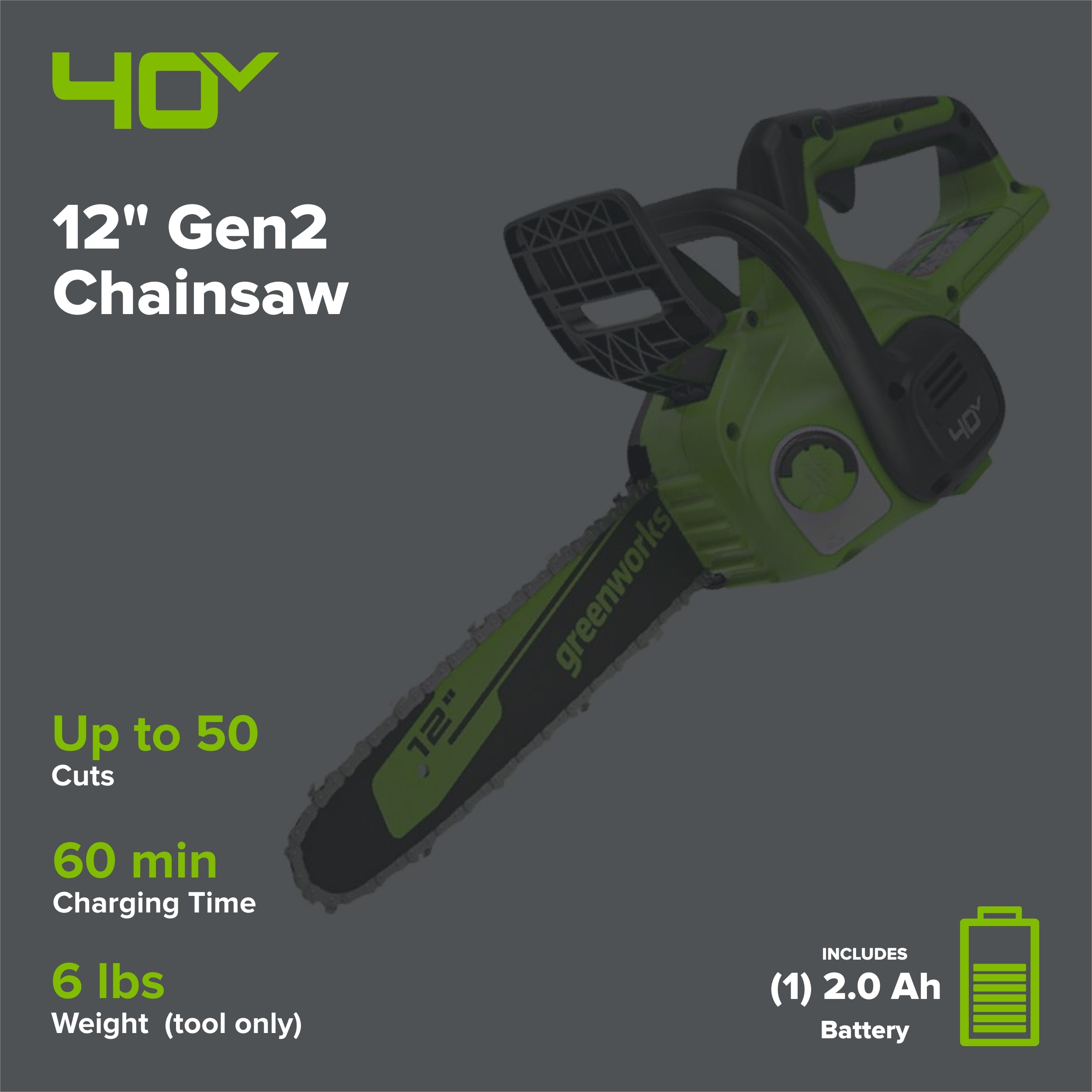 40V 12" Gen2 Cordless Battery Chainsaw: 2.0 Ah Battery and Charger