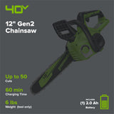 40V 12" Gen2 Cordless Battery Chainsaw: 2.0 Ah Battery and Charger