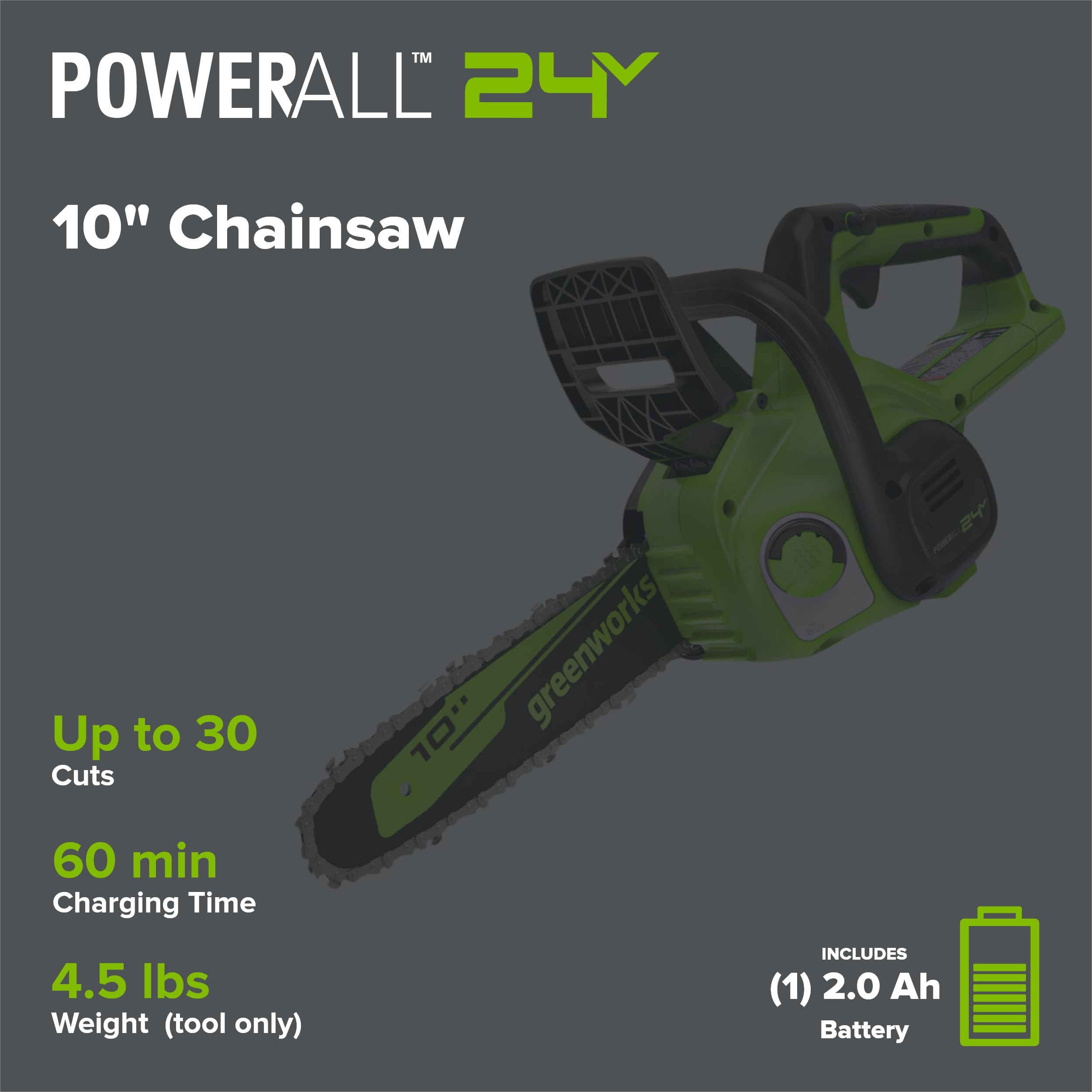 24V 10" Cordless Battery Chainsaw: 2.0 Ah USB Battery and Charger