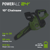 24V 10" Cordless Battery Chainsaw: 2.0 Ah USB Battery and Charger