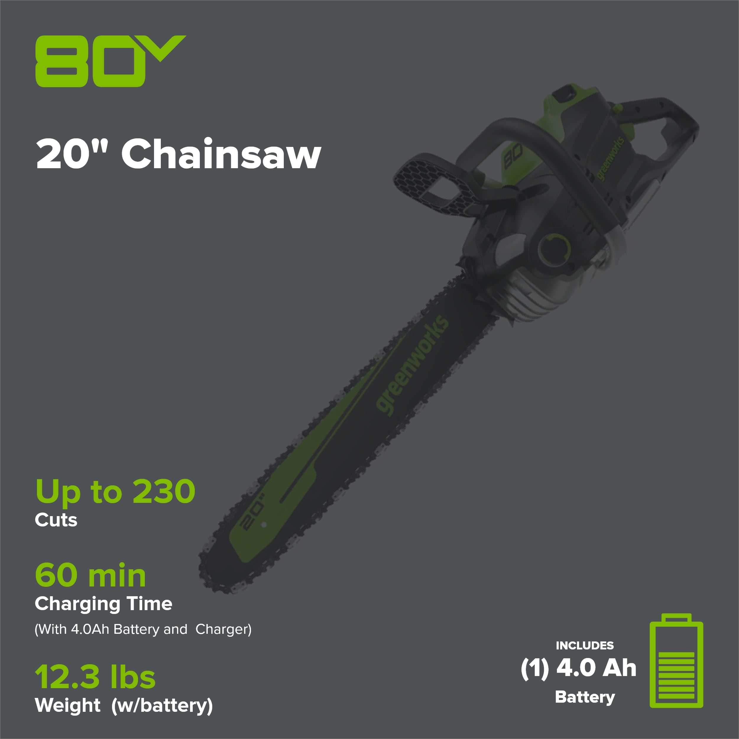 80V 20" Cordless Battery Chainsaw: 4.0 Ah Battery and Charger
