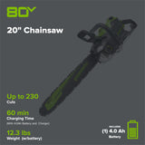 80V 20" Cordless Battery Chainsaw: 4.0 Ah Battery and Charger