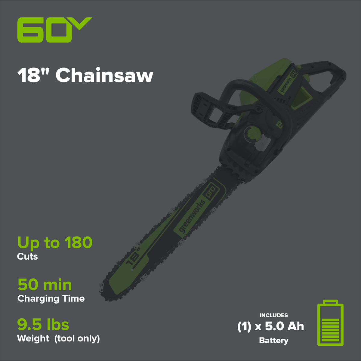 60V 18" Cordless Battery Brushless 2.5kW Chainsaw: 5.0 Ah Battery and Rapid Charger