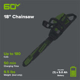 60V 18" Cordless Battery Brushless 2.5kW Chainsaw: 5.0 Ah Battery and Rapid Charger